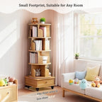 5 Tier Rotating Bookshelf, 360 Degree Display Round Spinning Bookshelf with Wheels, Space Saving, Small Space Rotating Bookshelf Tower for Bedroom, Living Room, Home, Office, Wood Color