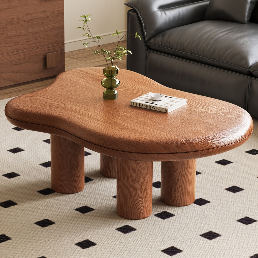 Modern Walnut Coffee Table with Cloud-Inspired Irregular Design - Lightweight Engineered Wood, 4-Legged Compact Center Table for Living Room & Bedroom, Easy Assembly