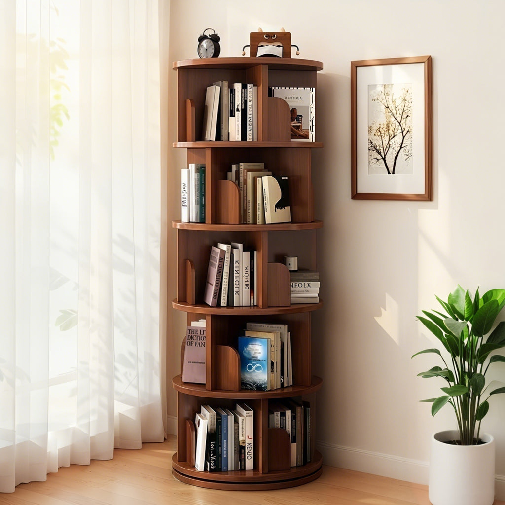 5 Tier Rotating Bookshelf, 360 Display Round Spinning Bookshelf, Space-Saving, Small Space Rotating Bookshelf Tower Bedroom, Living Room, Home, Office, Walnut