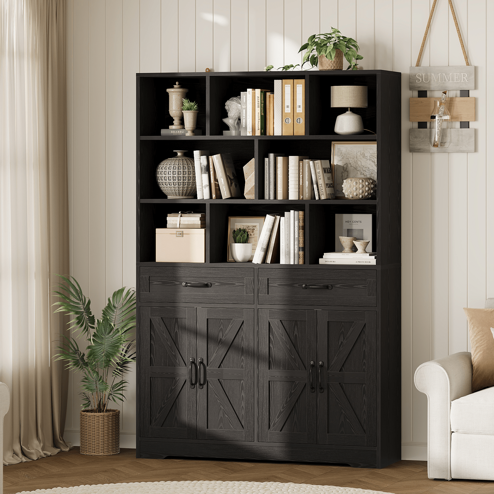 Large Modern 6-Tier Bookcase with 8 Open Cubbies, 2 Drawers & 4 Doors - 71\