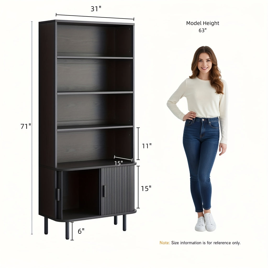 71 Inch Bookcase 4 Shelves Bookcase With Storage Cabinets And Adjustable Storage Shelves With Sliding Doors And Adjustable Feet For Home Office, Living Room Walnut
