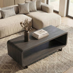 Wooden Coffee Table with Storage Shelf, Modern 2-Tier Rectangular Minimalist Center Table, Curved Profile Design for Living Room, Office