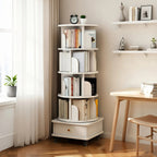 5 Tier Rotating Bookshelf, 360 Degree Display Round Spinning Bookshelf with Wheels, Space Saving, Small Space Rotating Bookshelf Tower for Bedroom, Living Room, Home, Office, Wood Color