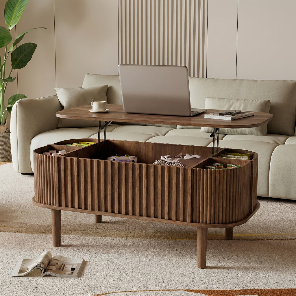 40-Inch Lift-Top Coffee Table Featuring Storage, a Faux Marble Surface, And Sturdy Rubber Wood Legs, Designed in a Mid-Century Modern Style for The Living Room in Natural Oak End