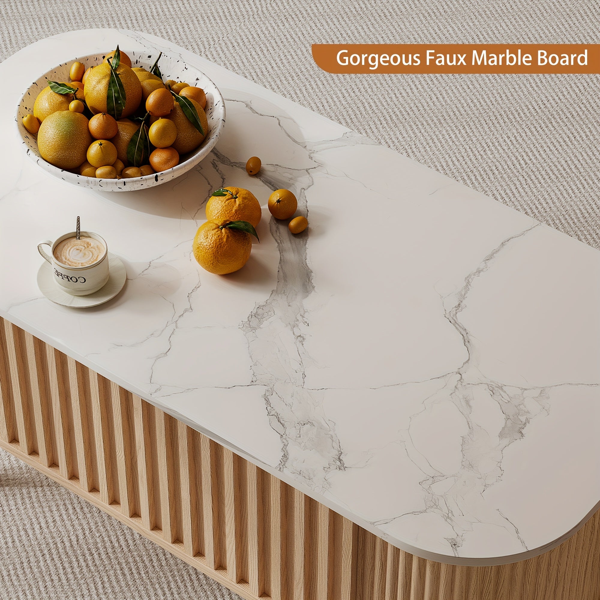 40-Inch Lift-Top Coffee Table Featuring Storage, a Faux Marble Surface, And Sturdy Rubber Wood Legs, Designed in a Mid-Century Modern Style for The Living Room in Natural Oak End