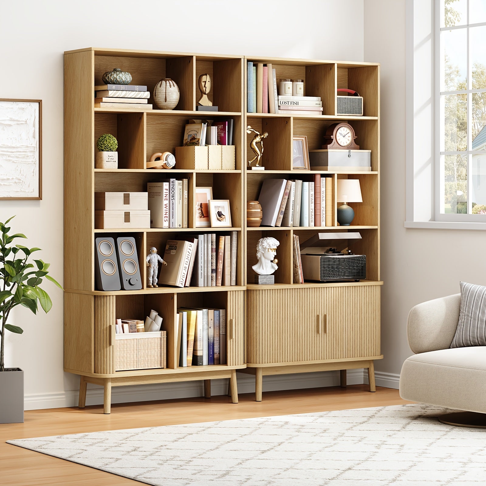 71 Inch Bookcase 4 Shelves Bookcase With Storage Cabinets And Adjustable Storage Shelves With Sliding Doors And Adjustable Feet For Home Office, Living Room Walnut