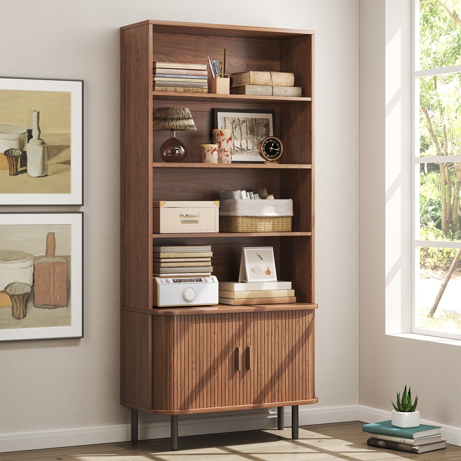 71 Inch Bookcase 4 Shelves Bookcase With Storage Cabinets And Adjustable Storage Shelves With Sliding Doors And Adjustable Feet For Home Office, Living Room Walnut