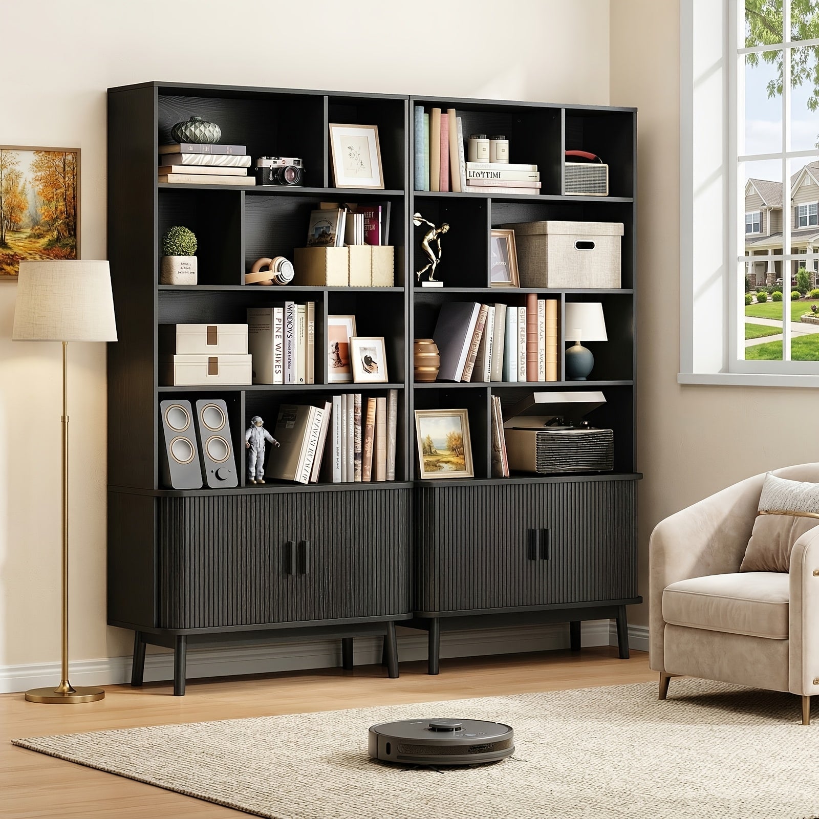 71 Inch Bookcase 4 Shelves Bookcase With Storage Cabinets And Adjustable Storage Shelves With Sliding Doors And Adjustable Feet For Home Office, Living Room Walnut