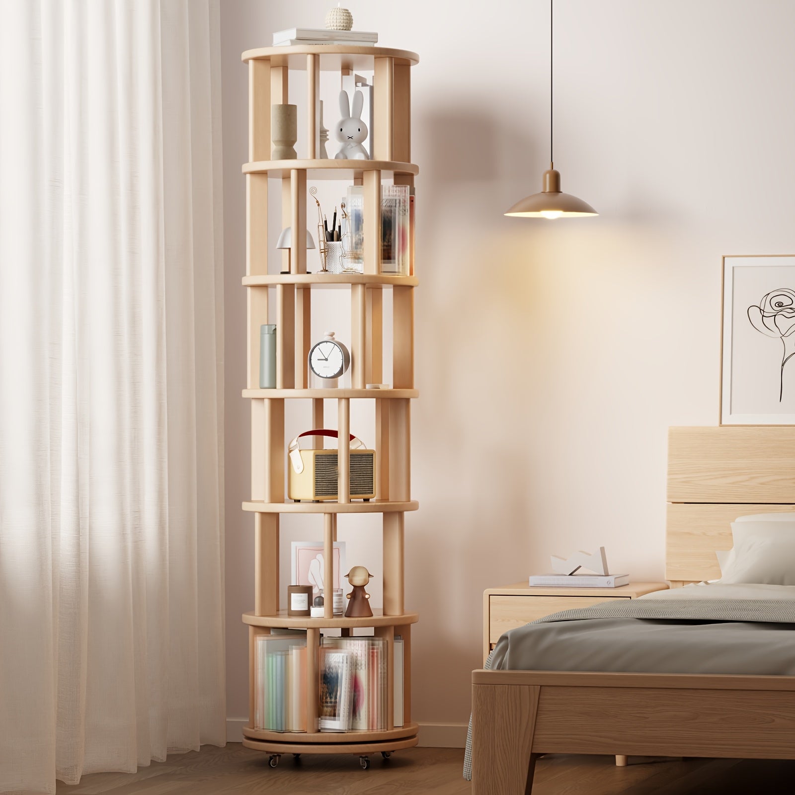 A 4\u002F6-Layer Solid Wood Bookshelf Storage Cabinet That Rotates 360°. This Festive Living Room Furniture Comes with Limited-Time Special Deals. Available in Three Styles