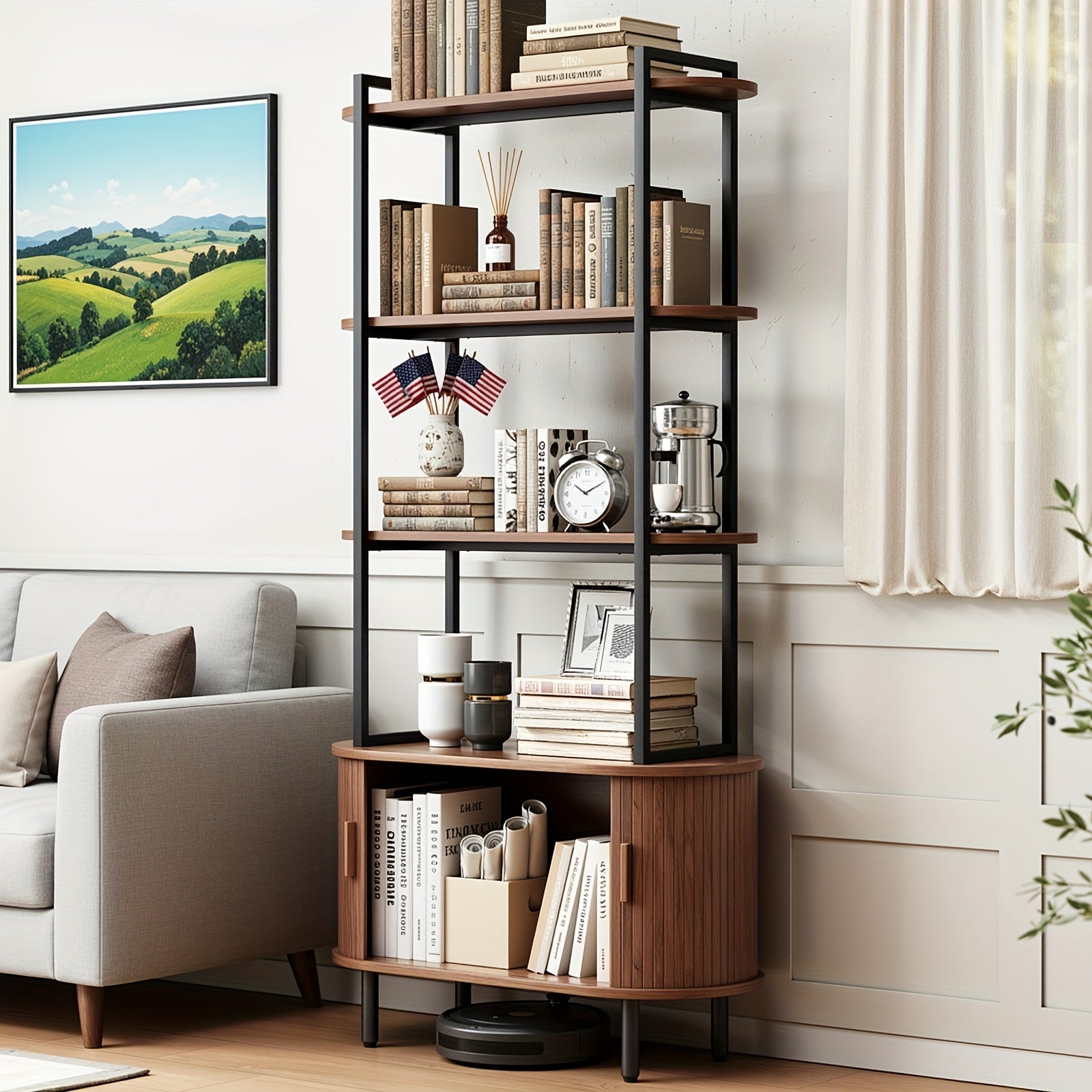 4-Tier Open Bookshelf 71 Inch High Floor Standing Display Bookcase Storage Rack with Storage Cabinets Living Room, Bedroom, Home Office Display Shelf Walnut