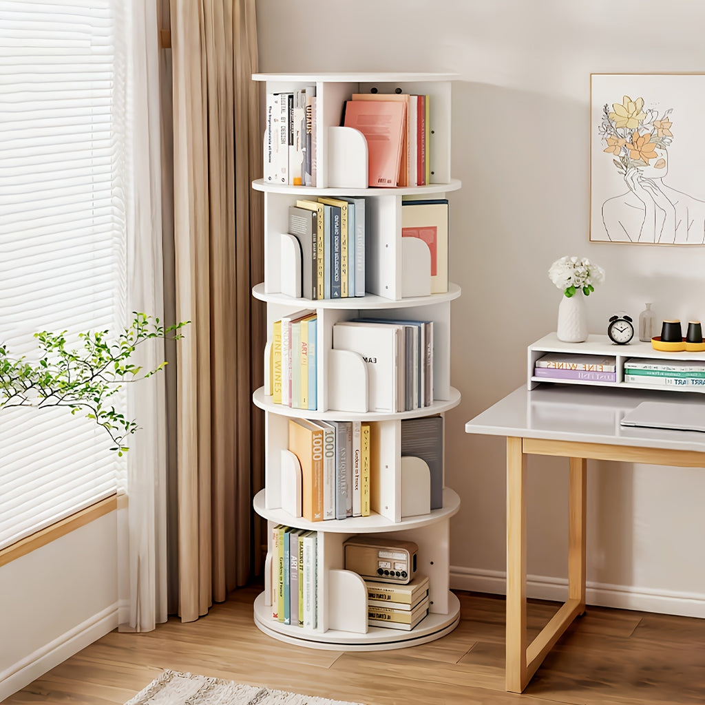 5 Tier Rotating Bookshelf, 360 Display Round Spinning Bookshelf, Space-Saving, Small Space Rotating Bookshelf Tower Bedroom, Living Room, Home, Office, Walnut