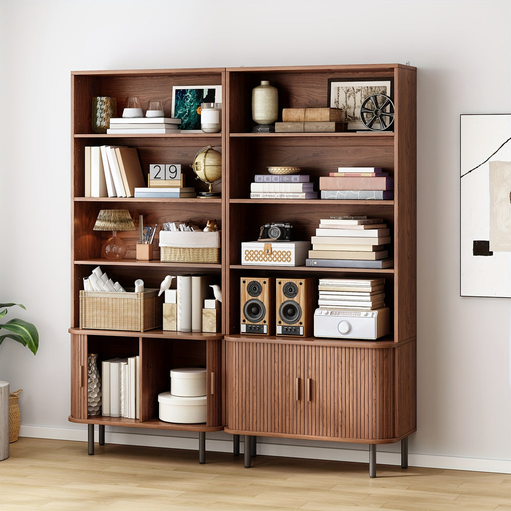 71 Inch Bookcase 4 Shelves Bookcase With Storage Cabinets And Adjustable Storage Shelves With Sliding Doors And Adjustable Feet For Home Office, Living Room Walnut
