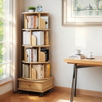 5 Tier Rotating Bookshelf, 360 Degree Display Round Spinning Bookshelf with Wheels, Space Saving, Small Space Rotating Bookshelf Tower for Bedroom, Living Room, Home, Office, Wood Color